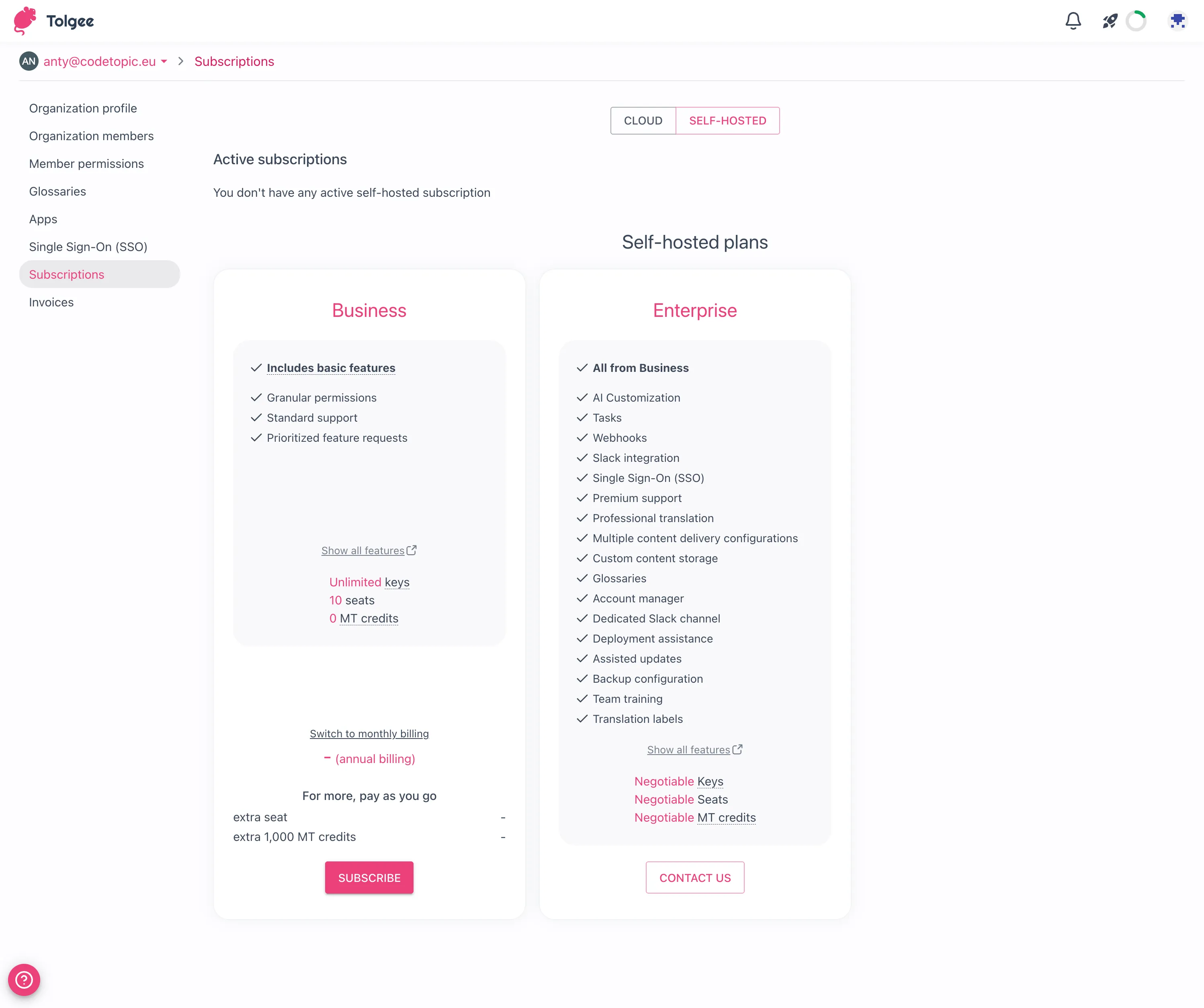 Subscription page